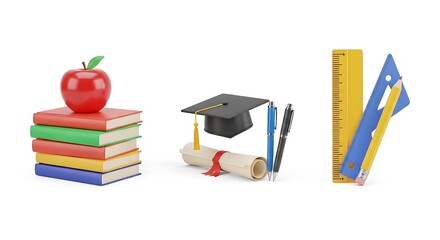 Vibrant 3D Render of Essential Educational Supplies Featuring Stacked Colorful Textbooks Topped with a Bright Red Apple Academic Graduation Cap Diploma Scroll Pens Yellow Ruler and Blue Geom