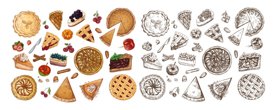 Hand drawn vintage seamless pattern of festive pies, slices, spices, berries and nuts in color and monochrome