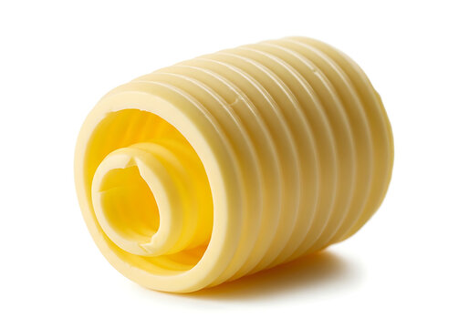 A single rolled butter curl isolated on a white background
