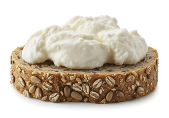 Slice of whole grain bread topped with creamy white cheese spread