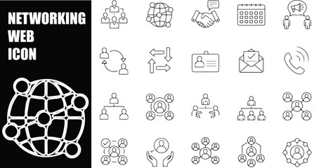 Networking and Social Connection Web Icon Set in Elegant Line Style. A Linear Icon Collection Featuring Business People, Community, Professional Relationships, and Online Networking. Editable Stroke V