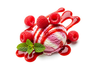 Delicious scoop of raspberry swirl ice cream with fresh berries and mint
