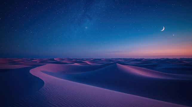 Starry desert night sky with crescent moon over sand dunes