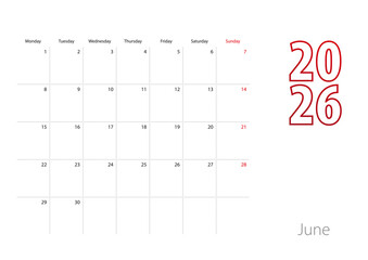 Calendar for June 2026 in modern design, planner template.