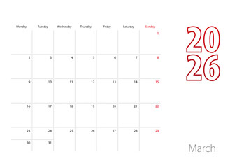 Calendar for March 2026 in modern design, planner template.