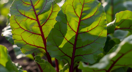 Close-up of vibrant beetroot leaves with red veins illuminated by sunlight