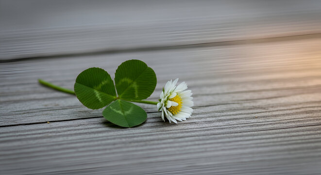 Lucky charm: Four-leaf clover and daisy on a rustic wooden surface evokes tranquility - Powered by Adobe