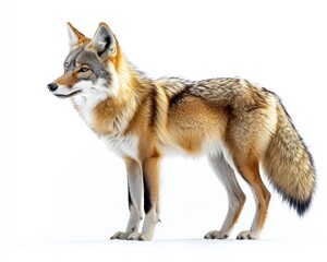 Fototapeta premium Coyote with bushy tail stands, side view, tawny fur, white background