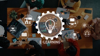 A diverse group of individuals collaborates at a modern workspace, engaged in e-learning activities. Futuristic icons represent innovative educational concepts around a lightbulb graphic. Raster