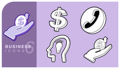 Set of business and finance icons. Money growth in hand, investment, creative idea and strategy, and contact support phone call. Ideal for web, apps, presentations, and financial design. Vector EPS.