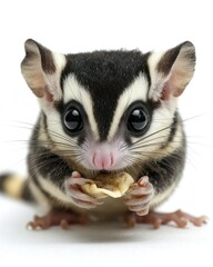 Cute sugar glider eating a snack, with big eyes, against a white background