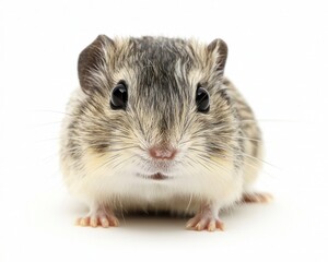 Cute, striped hamster with big, dark eyes stares at the viewer on white
