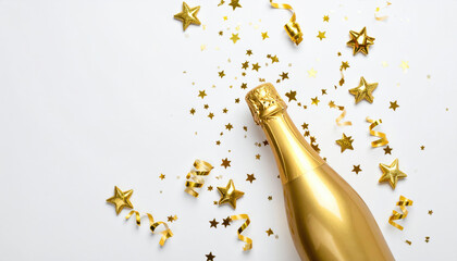 Celebration background with golden champagne bottle, confetti stars and party streamers. Christmas, birthday or wedding concept. Flat lay.