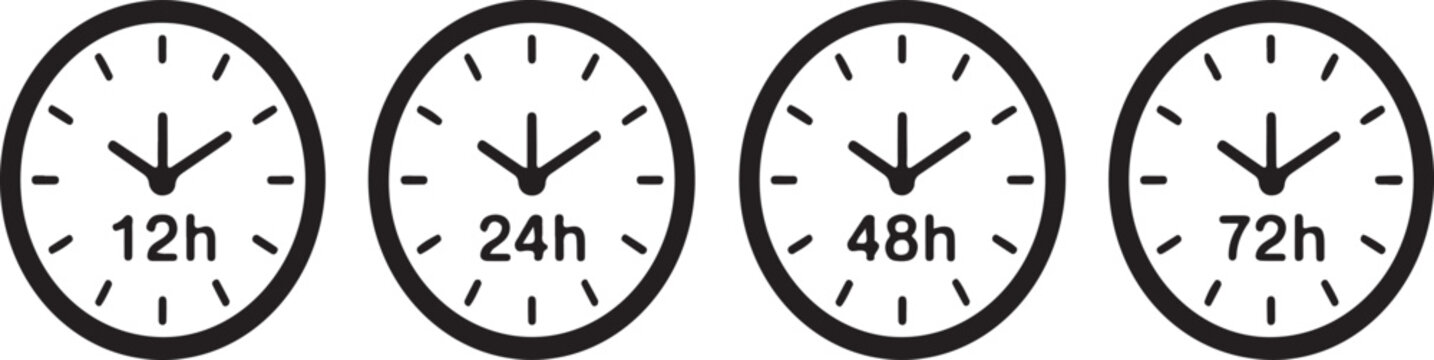 Time Duration Clock Icons Set - 12h, 24h, 48h, 72h Delivery Vector Time, Duration, Clock, Icons, Set, 12h, 24h, 48h, 72h, Delivery, Shipping, Hours, Day, Period, Interval, Deadline,