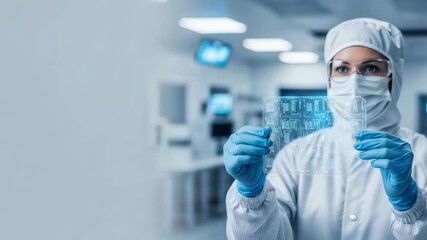 Woman scientist watching microchip blueprint plan. Advanced material research chip manufacturing concept in cleanroom modern lab. - Powered by Adobe
