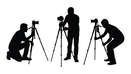 Photographers adjusting tripod cameras silhouette set isolated on white background, Vector