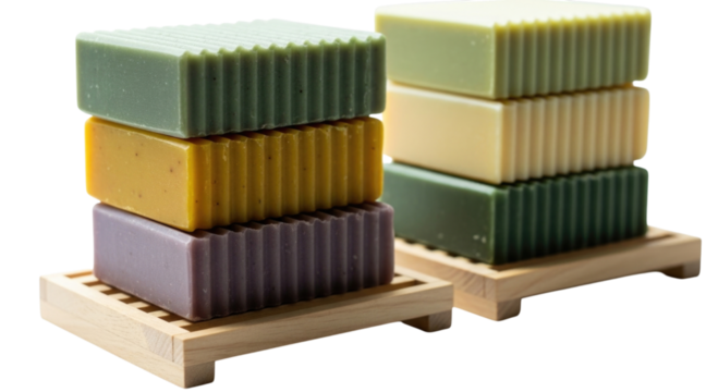 Stacked artisanal soaps on wooden trays transparent background cutout png