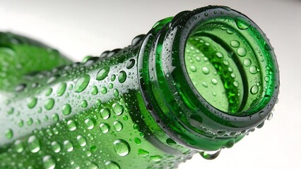Close up of a wet green glass bottle with condensation droplets