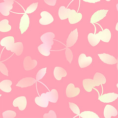 Sweet love cherry seamless pattern. Vector summer fruit print with gradient heart shaped cherries silhouettes on pink background. Cute berry texture for wrapping, valentine decor, textile, fashion.