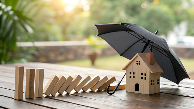 House model protected by an umbrella stopping falling dominoes, symbolizing home insurance and risk management - Powered by Adobe