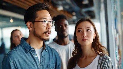A group of individuals engaged in a brainstorming session, showcasing collaboration and creativity as they interact with ideas displayed on a visual board, highlighting teamwork  - Powered by Adobe