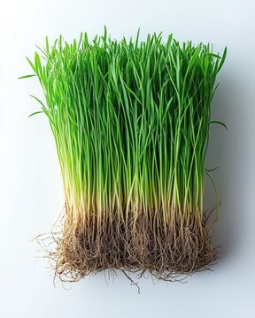 Fresh wheatgrass clump with roots, vibrant greens on white background
