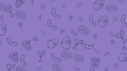 Displays various food and drink outlines on a vibrant purple background, perfect for menus, restaurant promotions, or foodrelated designs.