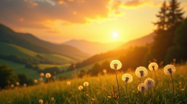 Golden sunset over a lush green mountain valley with dandelions in the foreground - Powered by Adobe