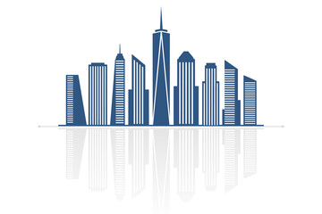Modern blue city skyline vector illustration with reflection. Flat style urban skyscrapers and downtown architecture design element isolated on white background.