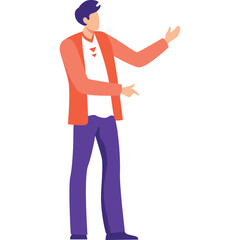 Modern Man In Orange Cardigan And White Shirt Standing Against Transparent Background Presenting With Both Hands Extended In A Casual Pose