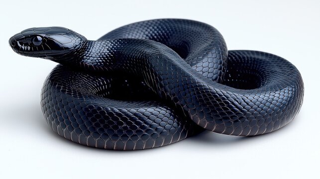 Glossy, coiled black snake against white backdrop, eyes visible
