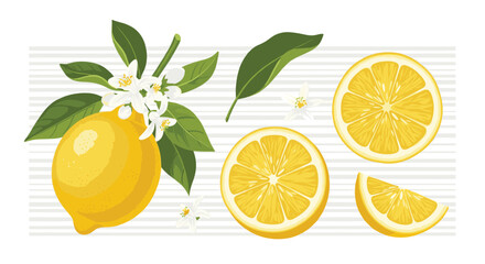 A vibrant collection of ripe lemons with their blossoms and leaves on a striped background.