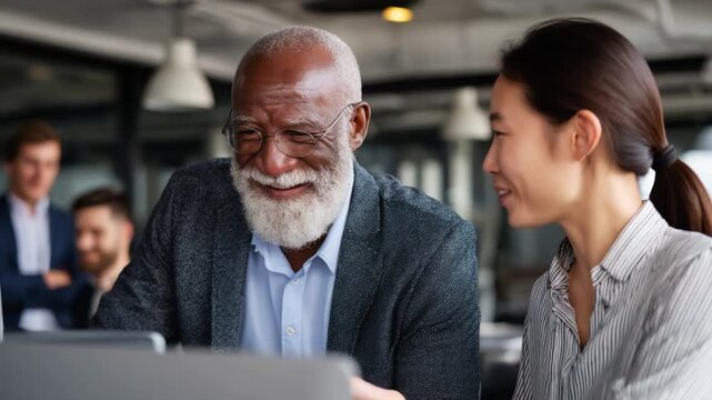 A joyful intergenerational collaboration between a senior man and a young woman in a modern office environment, showcasing teamwork, engagement