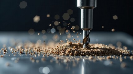 Precise metallic drill bit penetrating granular material, scattering particles in dynamic motion