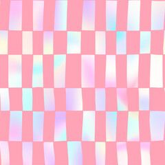 Abstract checkered groovy seamless pattern. Holographic foil gradient retro wavy vertical rectangle texture, hand drawn striped plaid pink print. Distorted checkerboard background.