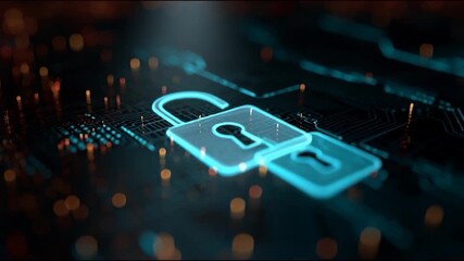 Cybersecurity data protection digital lock encryption network security cyber defense technology circuit board glowing blue secure connection padlock firewall malware hacker cyber attack privacy - Powered by Adobe