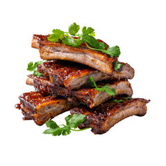 Stacked BBQ pork ribs with barbecue sauce and herbs