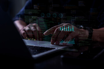 Programmer analyzing complex digital data using futuristic technology interface laptop. High tech concept for software development, cyber security, global business finance, AI analytics, networking.