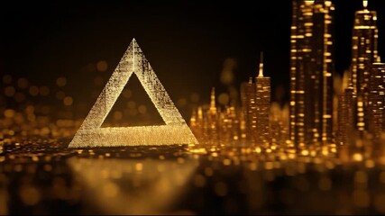 Golden triangle abstract geometric 3D polygon glow sparkle bokeh futuristic digital city pulses with shimmering energy golden triangle abstract 3D geometric futuristic glowing technology finance data - Powered by Adobe
