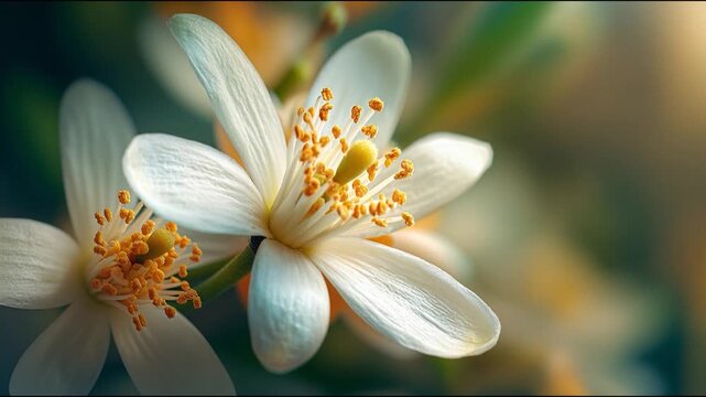 Orange blossom white flower macro closeup petal stamen pistil spring bloom fragrance filled gentle scene orange blossom white flower macro closeup petal stamen pollen spring fragrant delicate emotion