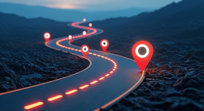 A winding road through a dark landscape with glowing red location pins marking a planned journey.