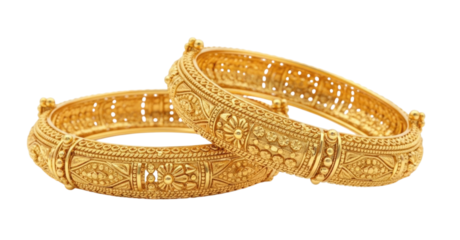 Traditional gold bangles with intricate designs transparent background cutout png