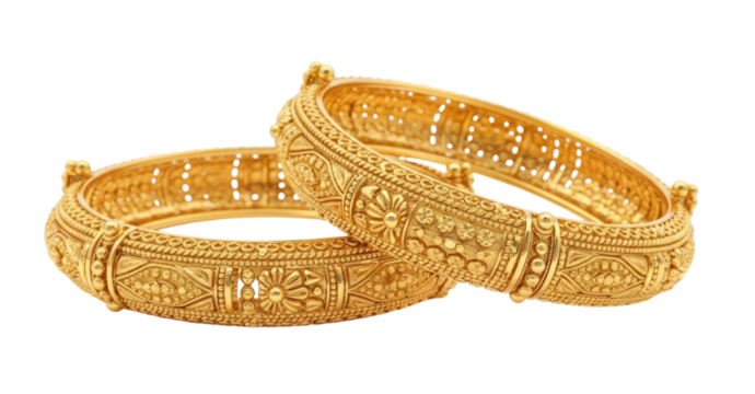 Traditional gold bangles with intricate designs transparent background cutout png