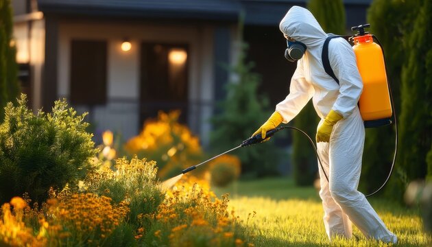 Pest control worker applying insecticide in protective gear.