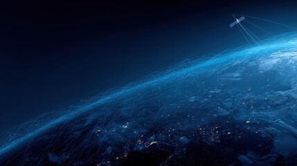 Obraz premium Satellite network orbiting Earth with glowing blue lights representing data connections.