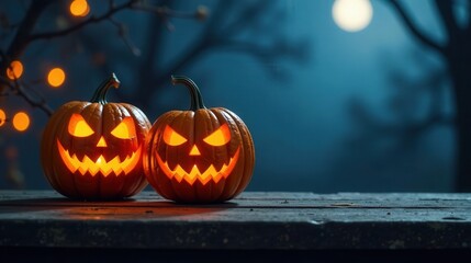 Obraz premium Illuminated Jack-o'-lanterns on Rustic Wood at Night with Glowing Lights in the Background