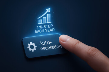 Auto escalation concept with finger pressing button and graph showing 1 percent step each year for retirement goals and life insurance value