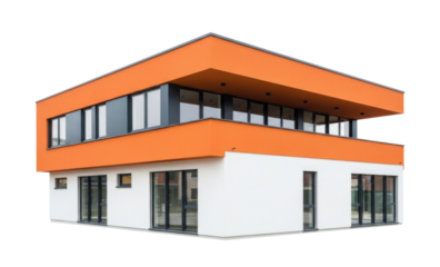 Modern orange and white two story house with large windows transparent background cutout png