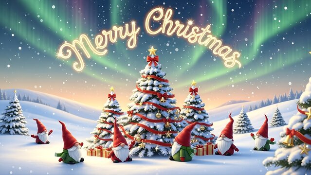 Festive Christmas Gnomes Celebrating Under the Magical Aurora Borealis Sky.