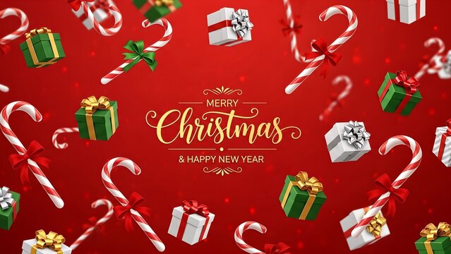 Merry Christmas and Happy New Year greeting on a red background with scattered candy canes and presents. - Powered by Adobe